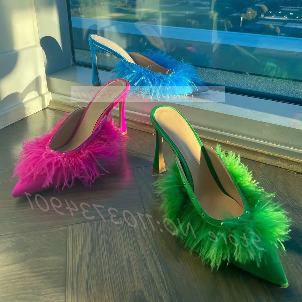 Court Heel Pointed - ふわふわダチョウの羽根を使用したヒールミュール、女性用セクシーポインテッドトゥスリッポンコートシューズ、フェミニンな無地ファッションドレスハイヒールミュール