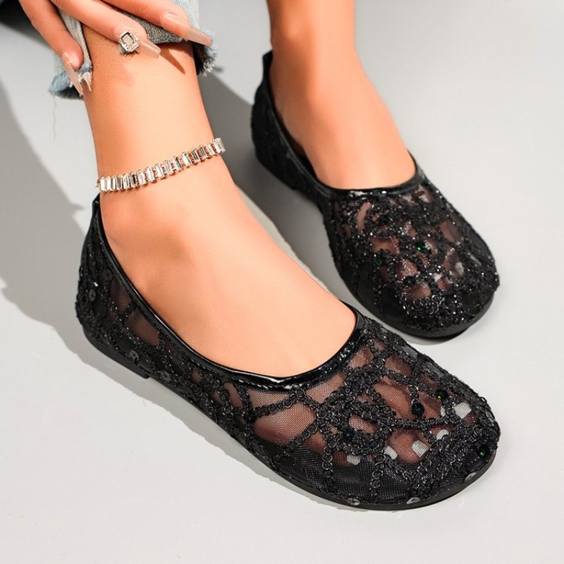 Women'S Shoes Clogs - 新しいメッシュ素材の快適なシングルシューズ、ラウンドトゥ、スパンコール付き、カジュアル、浅口、ローヒールシューズ
