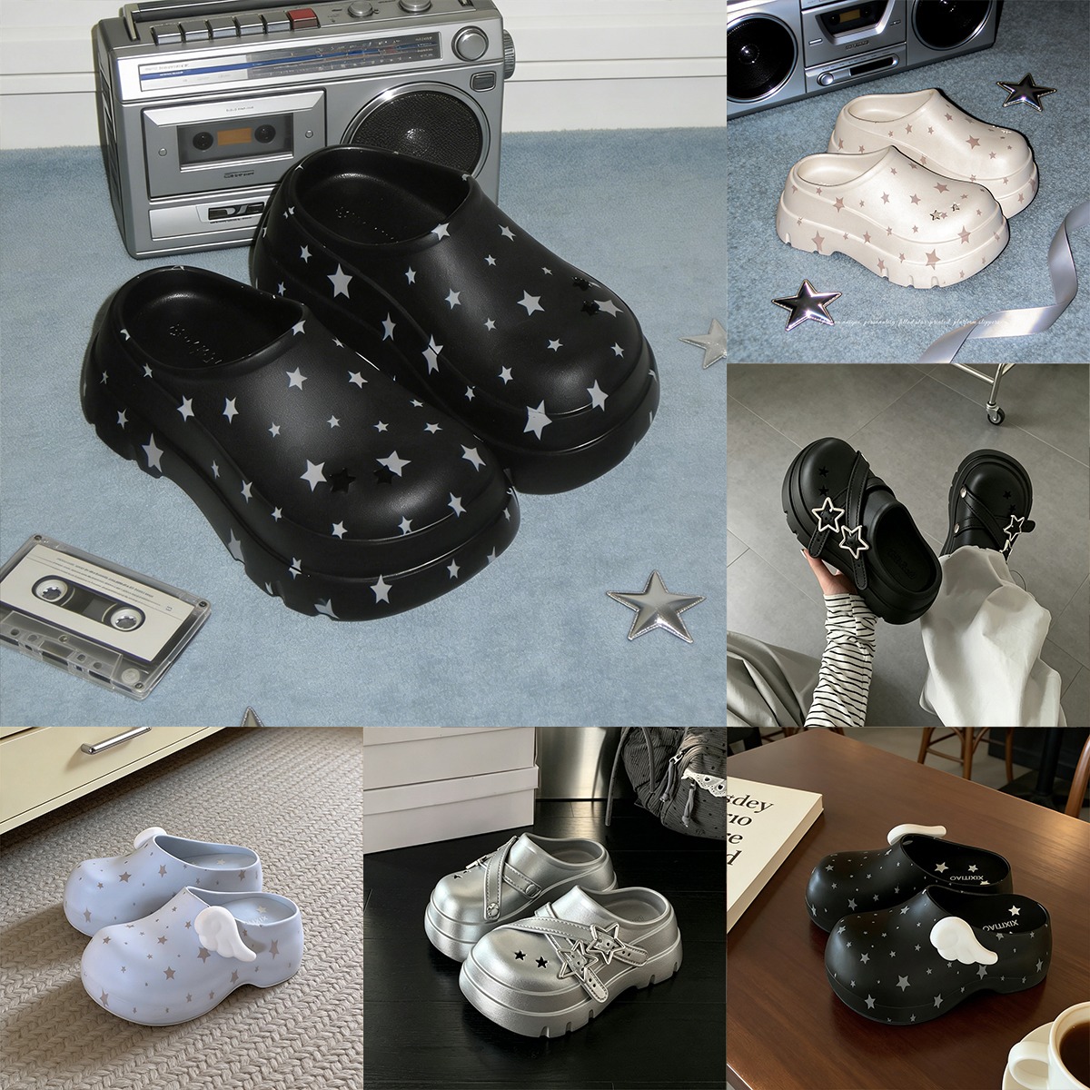 Women'S Shoes Clogs - 夏の新作、女性用プラットフォームサンダル。Y2K風のスター柄デザインで、涼しげなアウトドアビーチシューズ。カジュアルな厚底スリッパ。