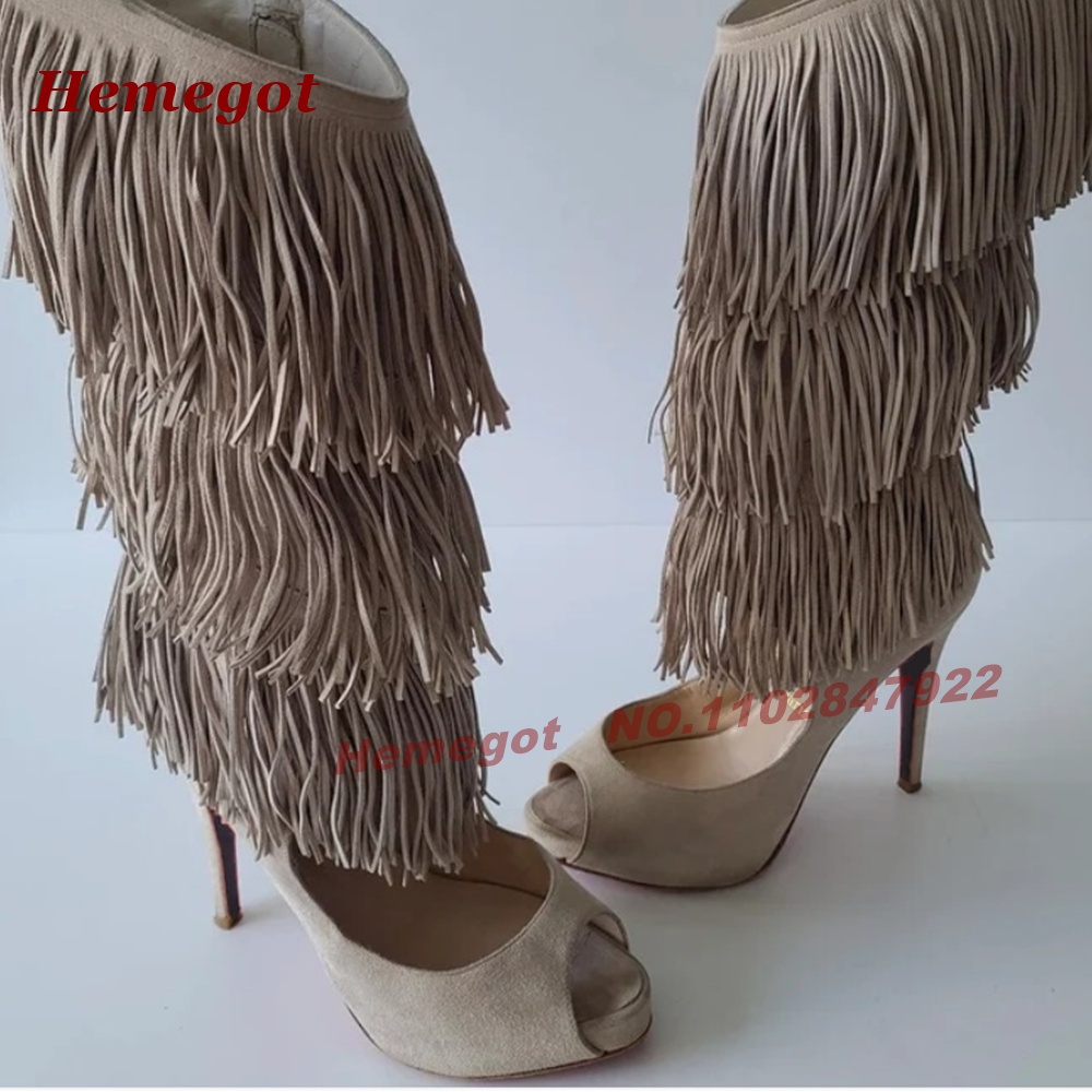 ティアードフリンジ ピープトゥ ハイヒール サンダルブーツ  - Knee High Boots Women のレビューと価格