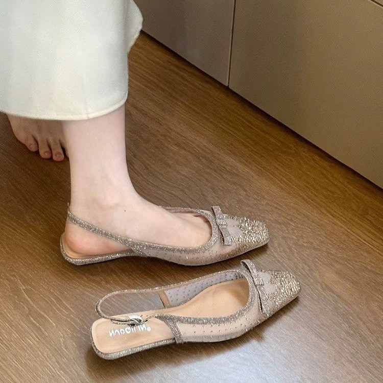 グリッターラインストーンボウスリングバックフラットシューズ  - Mule Slip On のレビューと価格