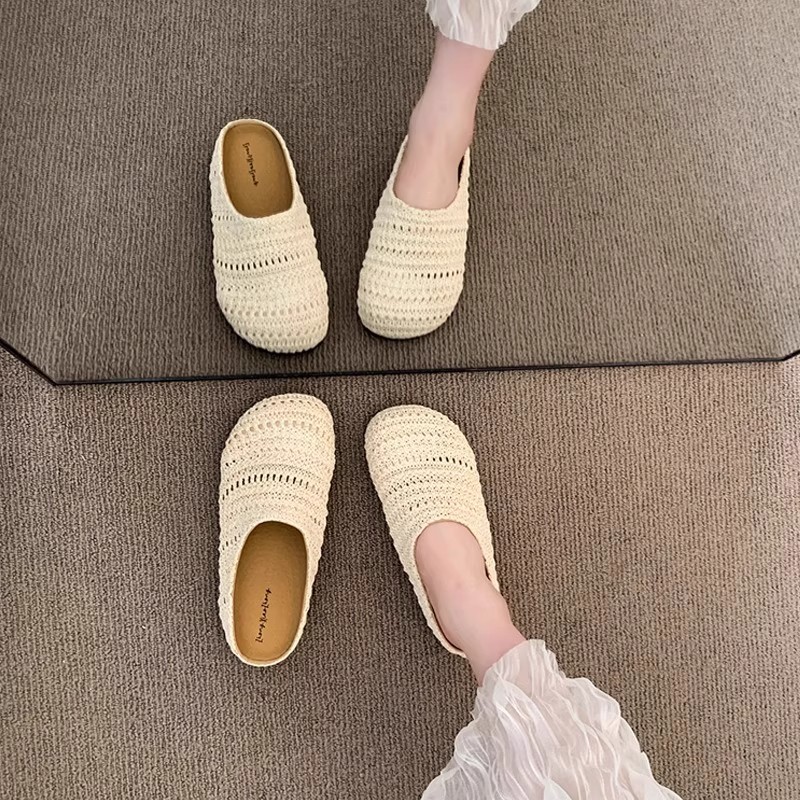 女性用ラフィア織りミュールスリッパ、夏用通気性メッシュ、つま - Mule Slip On のレビューと価格