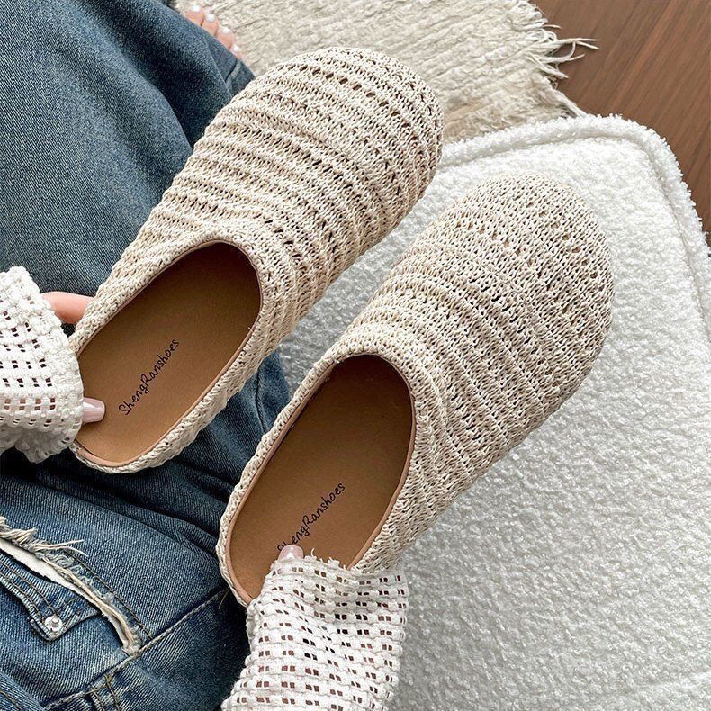 女性用ラフィア織りミュールスリッパ、夏用通気性メッシュ、つま - Mule Slip On のレビューと価格