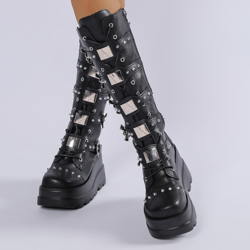 黒のニーハイブーツ、女性用、スタッズ付き、バックルストラップ - Knee High Boots Women のレビューと価格
