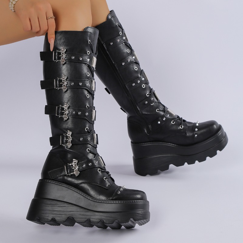 黒のニーハイブーツ、女性用、スタッズ付き、バックルストラップ - Knee High Boots Women のレビューと価格