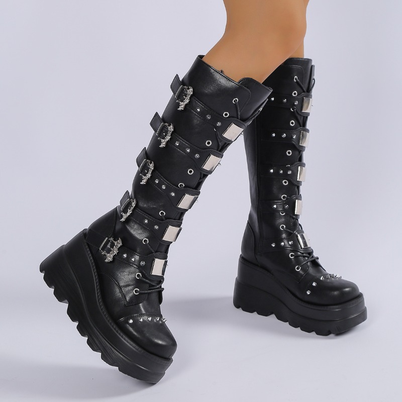 黒のニーハイブーツ、女性用、スタッズ付き、バックルストラップ - Knee High Boots Women のレビューと価格